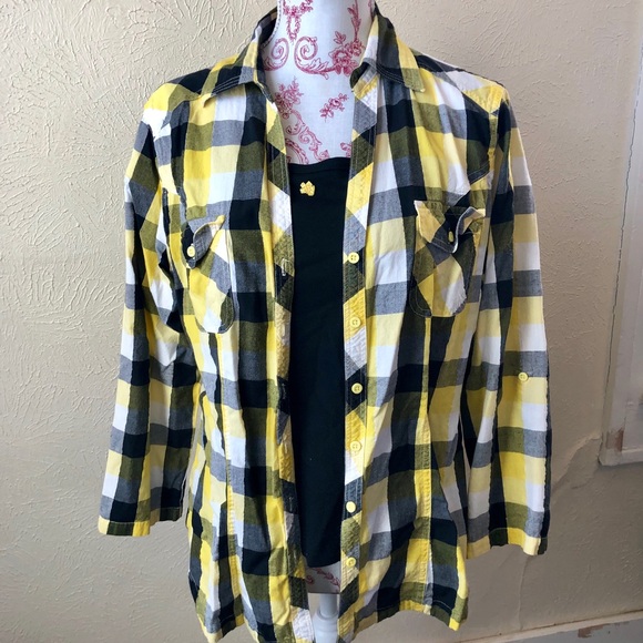 Cato Tops - Cato Split Neck Button Down Plaid Shirt L Black